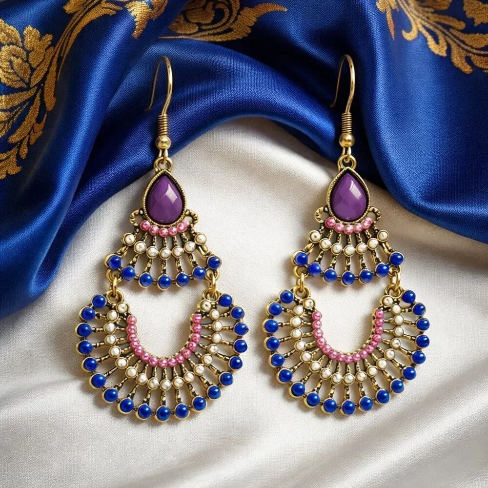 Boho Chic Colorful Beaded Chandelier Statement Earrings | Antique Gold Finish